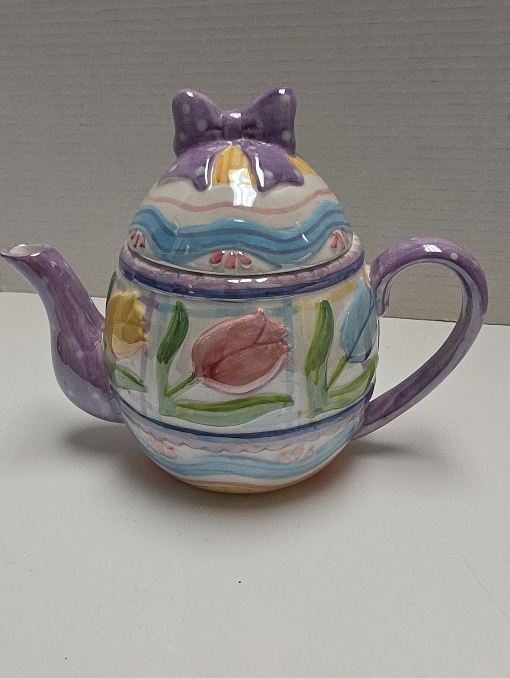 Hand-Painted Ceramic Teapot with Purple Accents and Floral Motif